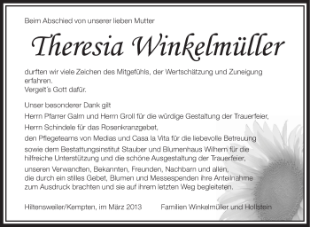 Anzeige von Theresia Winkelmüller von Schwäbische Zeitung