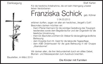 Anzeige von Franziska Schick von Schwäbische Zeitung