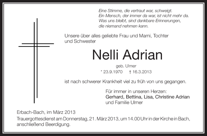  Traueranzeige für Nelli Adrian vom 19.03.2013 aus Schwäbische Zeitung
