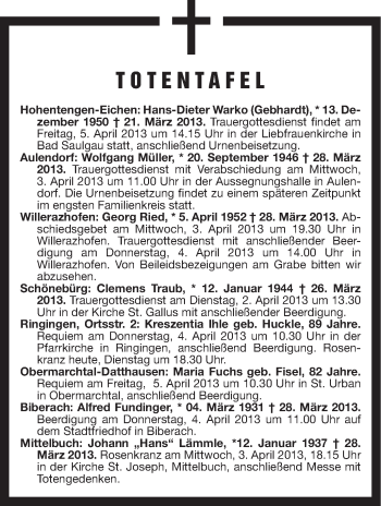 Anzeige von Totentafel vom 02.04.2013 von Schwäbische Zeitung