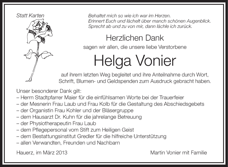  Traueranzeige für Helga Vonier vom 23.03.2013 aus Schwäbische Zeitung