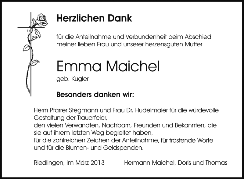  Traueranzeige für Emma Maichel vom 20.03.2013 aus Schwäbische Zeitung