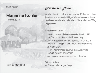 Anzeige von Marianne Kohler von Schwäbische Zeitung