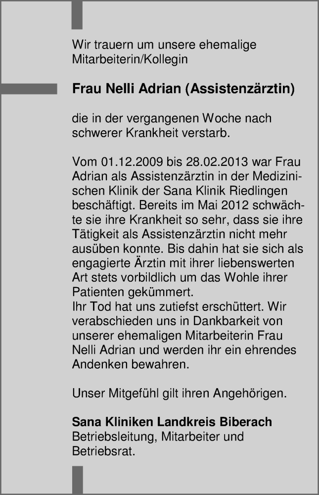  Traueranzeige für Nelli Adrian vom 22.03.2013 aus Schwäbische Zeitung