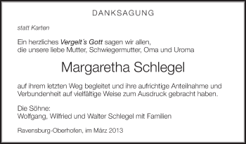 Anzeige von Margaretha Schlegel von Schwäbische Zeitung