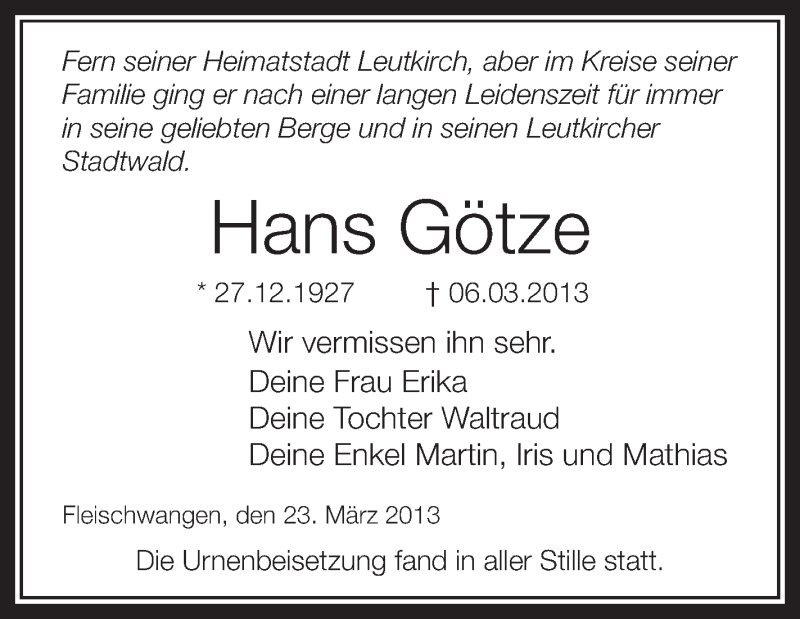  Traueranzeige für Hans Götze vom 23.03.2013 aus Schwäbische Zeitung