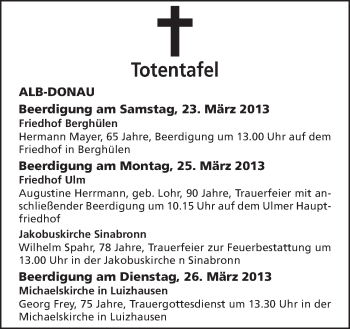 Anzeige von Totentafel vom 22.03.2013 von Schwäbische Zeitung
