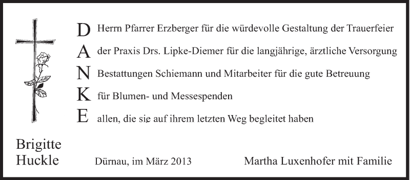  Traueranzeige für Brigitte Huckle vom 23.03.2013 aus Schwäbische Zeitung