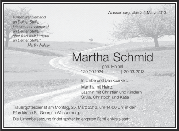 Anzeige von Martha Schmid von Schwäbische Zeitung