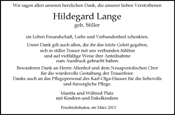 Anzeige von Hildegard Lange von Schwäbische Zeitung