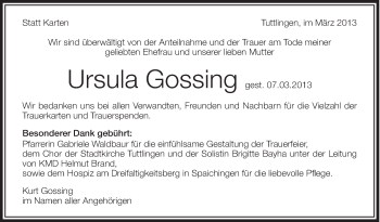 Anzeige von Ursula Gossing von Schwäbische Zeitung