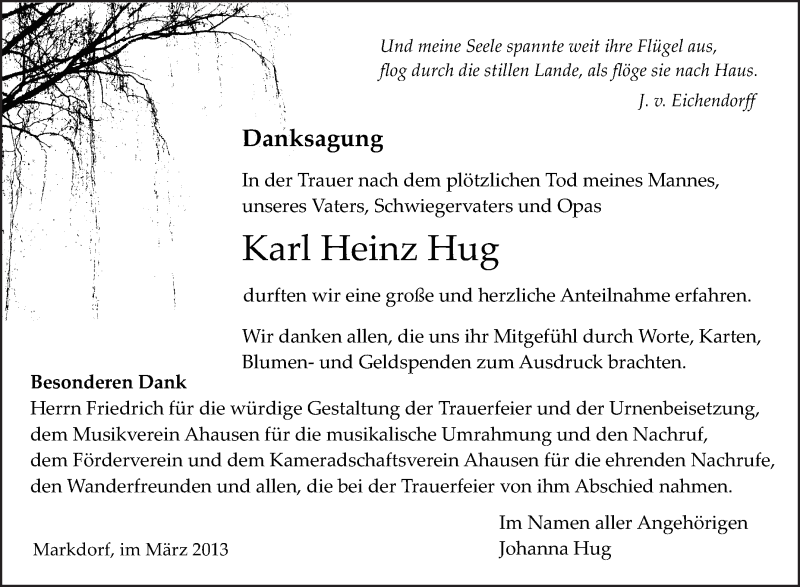  Traueranzeige für Karl Heinz Hug vom 23.03.2013 aus Schwäbische Zeitung