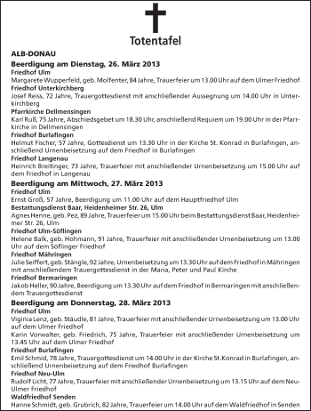 Anzeige von Totentafel vom 26.03.2013 von Schwäbische Zeitung