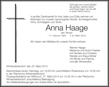 Anzeige von Anna Haage von Schwäbische Zeitung