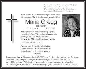 Anzeige von Maria Gregg von Schwäbische Zeitung
