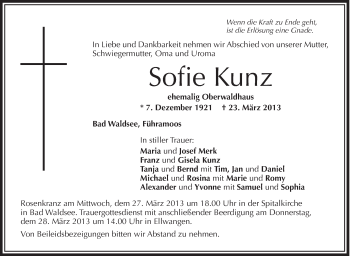 Anzeige von Sofie Kunz von Schwäbische Zeitung