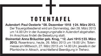 Anzeige von Totentafel vom 26.03.2013 von Schwäbische Zeitung