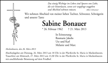 Anzeige von Sabine Bonauer von Schwäbische Zeitung