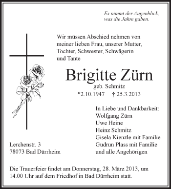 Anzeige von Brigitte Zürn von Schwäbische Zeitung