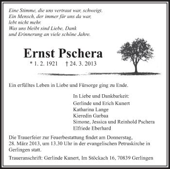 Anzeige von Ernst Pschera von Schwäbische Zeitung