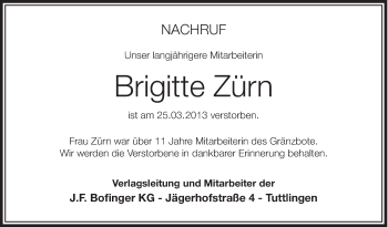 Anzeige von Brigitte Zürn von Schwäbische Zeitung