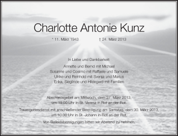 Anzeige von Charlotte Antonie Kunz von Schwäbische Zeitung