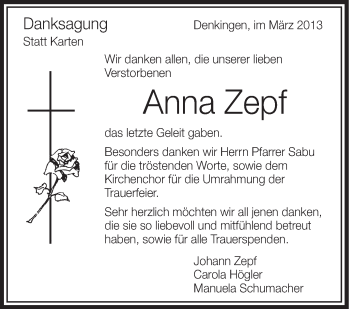 Anzeige von Anna Zepf von Schwäbische Zeitung
