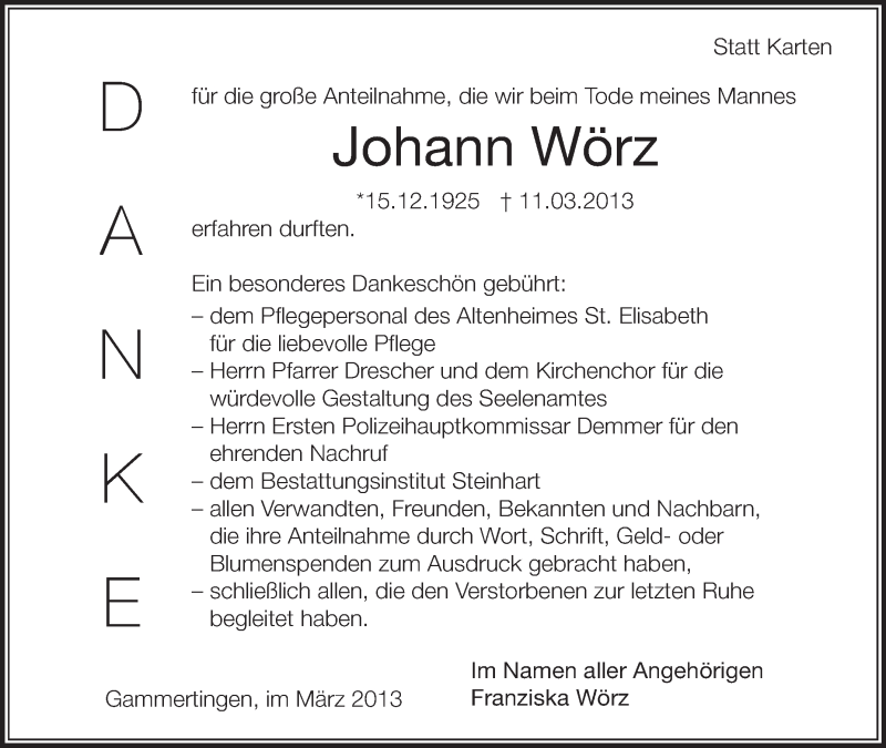  Traueranzeige für Johann Wörz vom 27.03.2013 aus Schwäbische Zeitung