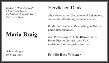 Anzeige von Maria Braig von Schwäbische Zeitung