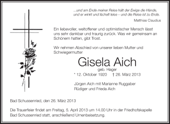 Anzeige von Gisela Aich von Schwäbische Zeitung