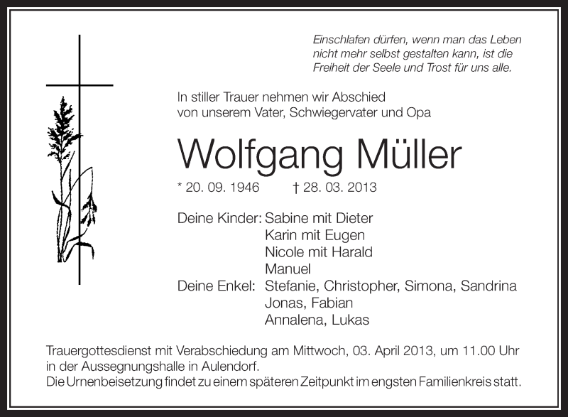  Traueranzeige für Wolfgang Müller vom 02.04.2013 aus Schwäbische Zeitung