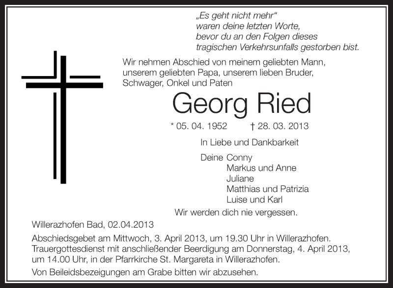  Traueranzeige für Georg Ried vom 02.04.2013 aus Schwäbische Zeitung