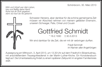 Anzeige von Gottfried Schmidt von Schwäbische Zeitung