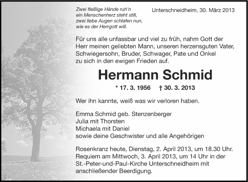  Traueranzeige für Hermann Schmid vom 02.04.2013 aus Schwäbische Zeitung