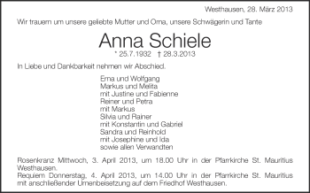 Anzeige von Anna Schiele von Schwäbische Zeitung