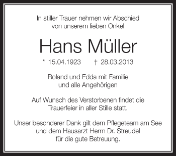 Anzeige von Hans Müller von Schwäbische Zeitung