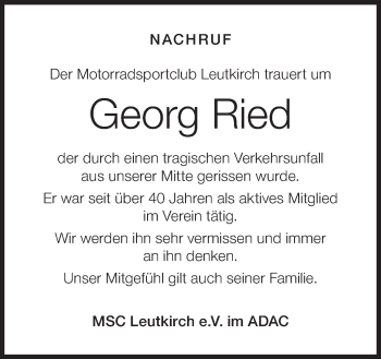 Anzeige von Georg Ried von Schwäbische Zeitung