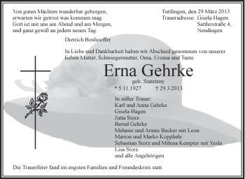 Anzeige von Erna Gehrke von Schwäbische Zeitung