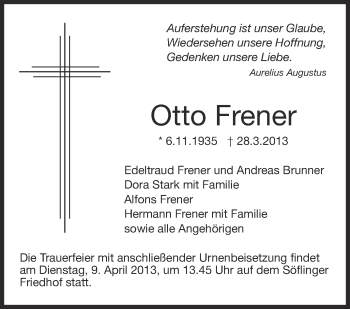 Anzeige von Otto Frener von Schwäbische Zeitung