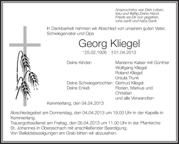 Anzeige von Georg Kliegel von Schwäbische Zeitung