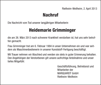 Anzeige von Heidemarie Grimminger von Schwäbische Zeitung