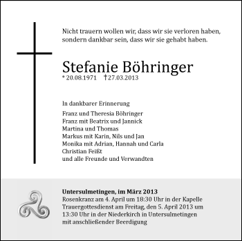 Anzeige von Stefanie Böhringer von Schwäbische Zeitung