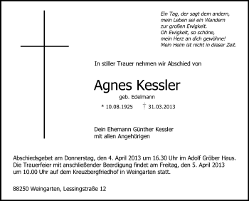 Anzeige von Agnes Kessler von Schwäbische Zeitung