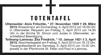 Anzeige von Totentafel vom 04.04.2013 von Schwäbische Zeitung
