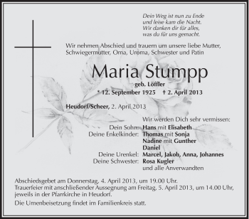 Anzeige von Maria Stumpp von Schwäbische Zeitung