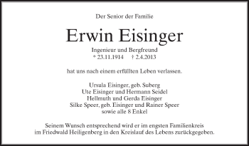 Anzeige von Erwin Eisinger von Schwäbische Zeitung
