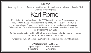 Anzeige von Karl Romer von Schwäbische Zeitung