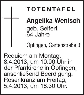 Anzeige von Angelika Wenisch von Schwäbische Zeitung