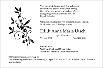 Anzeige von Edith Anna Maria Utsch von Schwäbische Zeitung