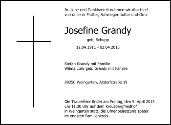 Anzeige von Josefine Grandy von Schwäbische Zeitung